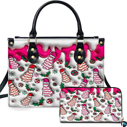 Front view of holiday tree cake handbag and matching zippered wallet with dripping pink glaze.