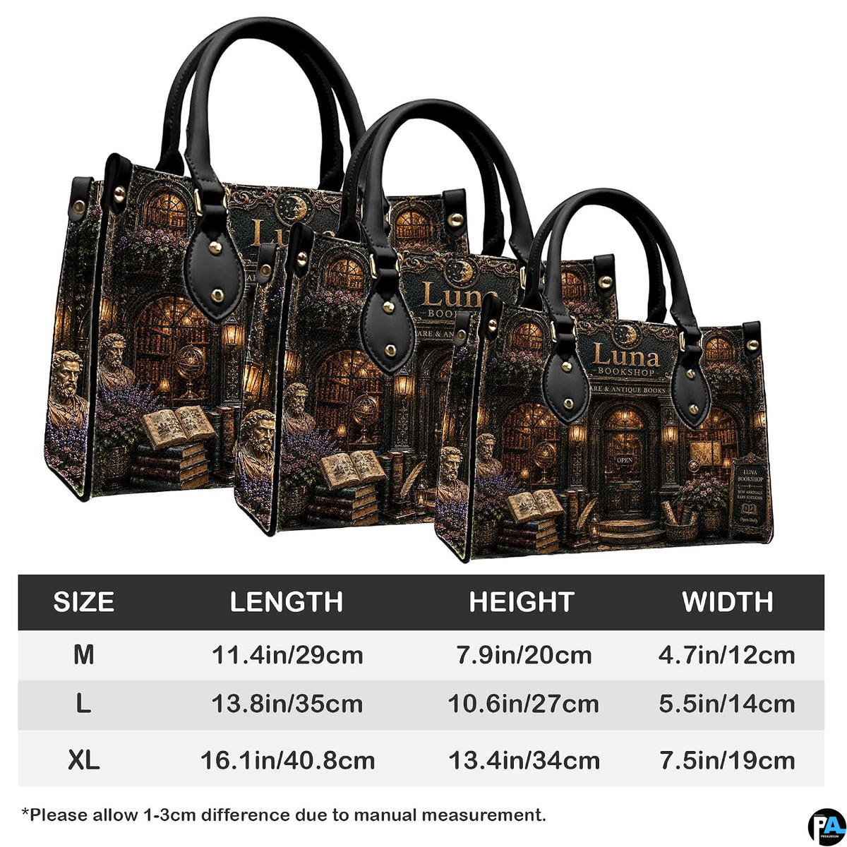 Proportional scale chart demonstrating medium, large, and extra-large silhouettes for the accessory.