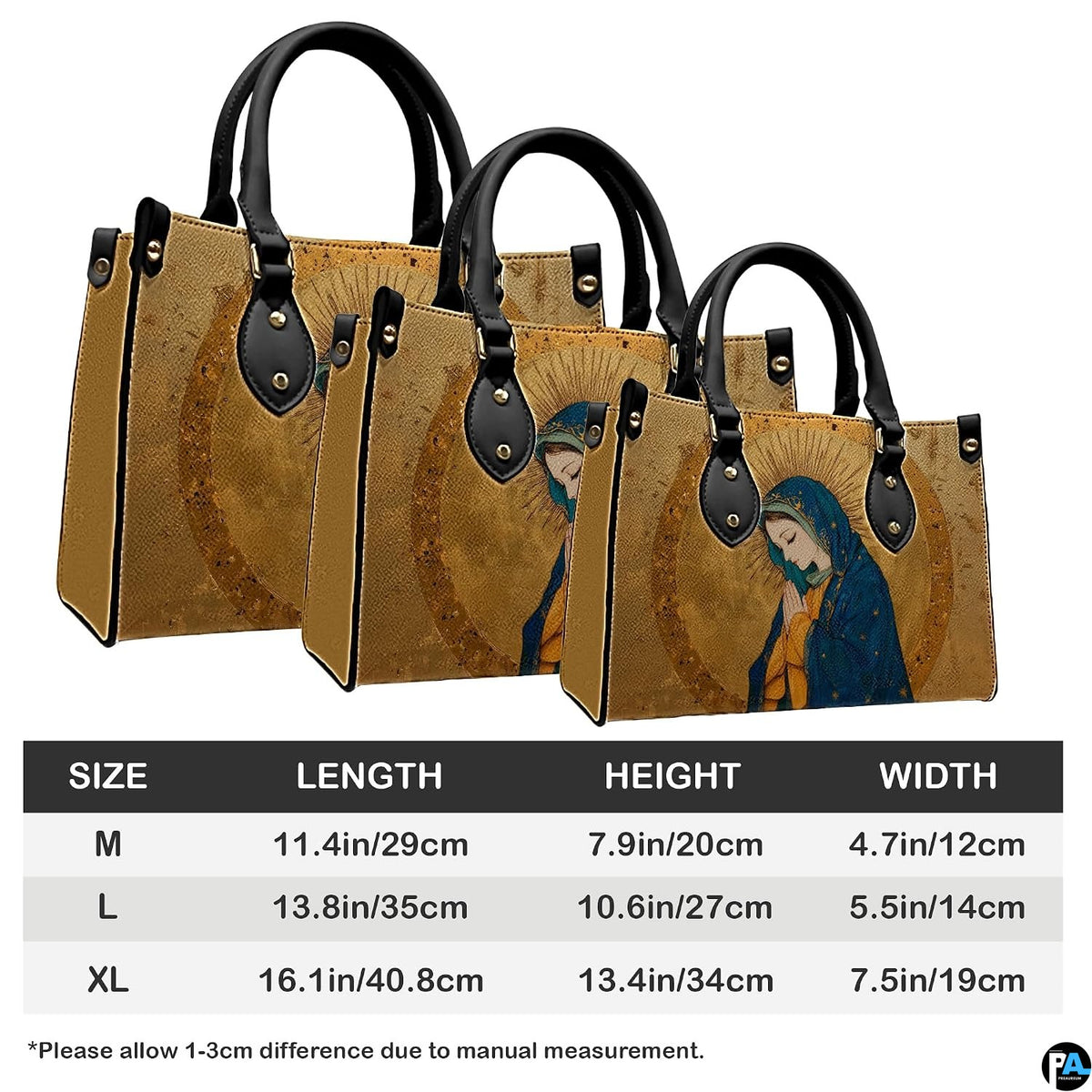 Dimensional sizing guide showing medium, large, and extra-large options with measurements.