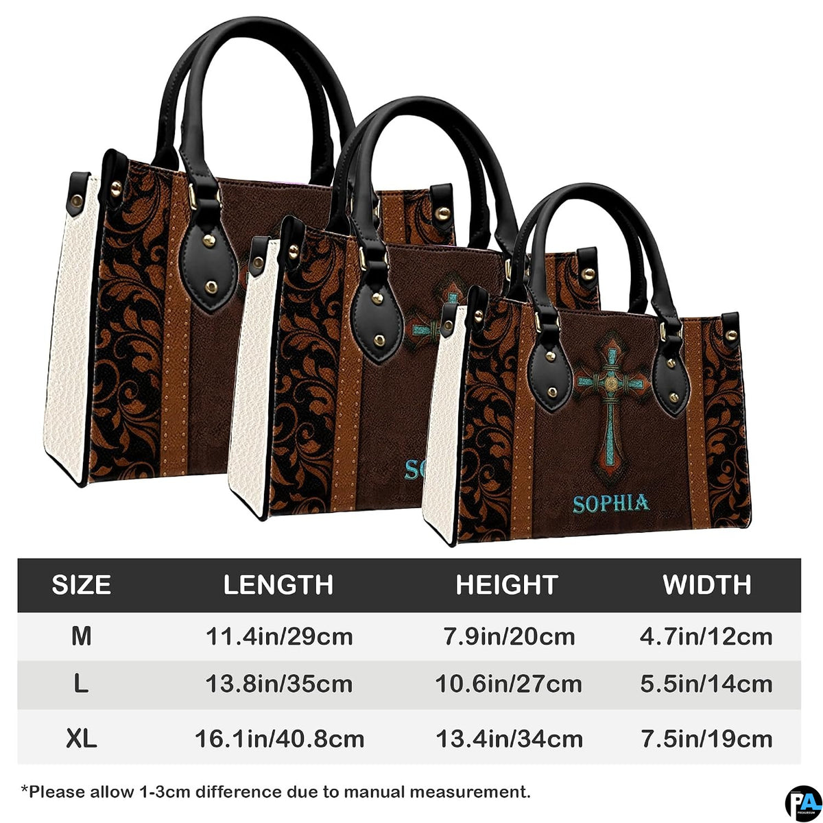Proportions diagram outlining dimensions across medium, large, and extra-large handbag choices.