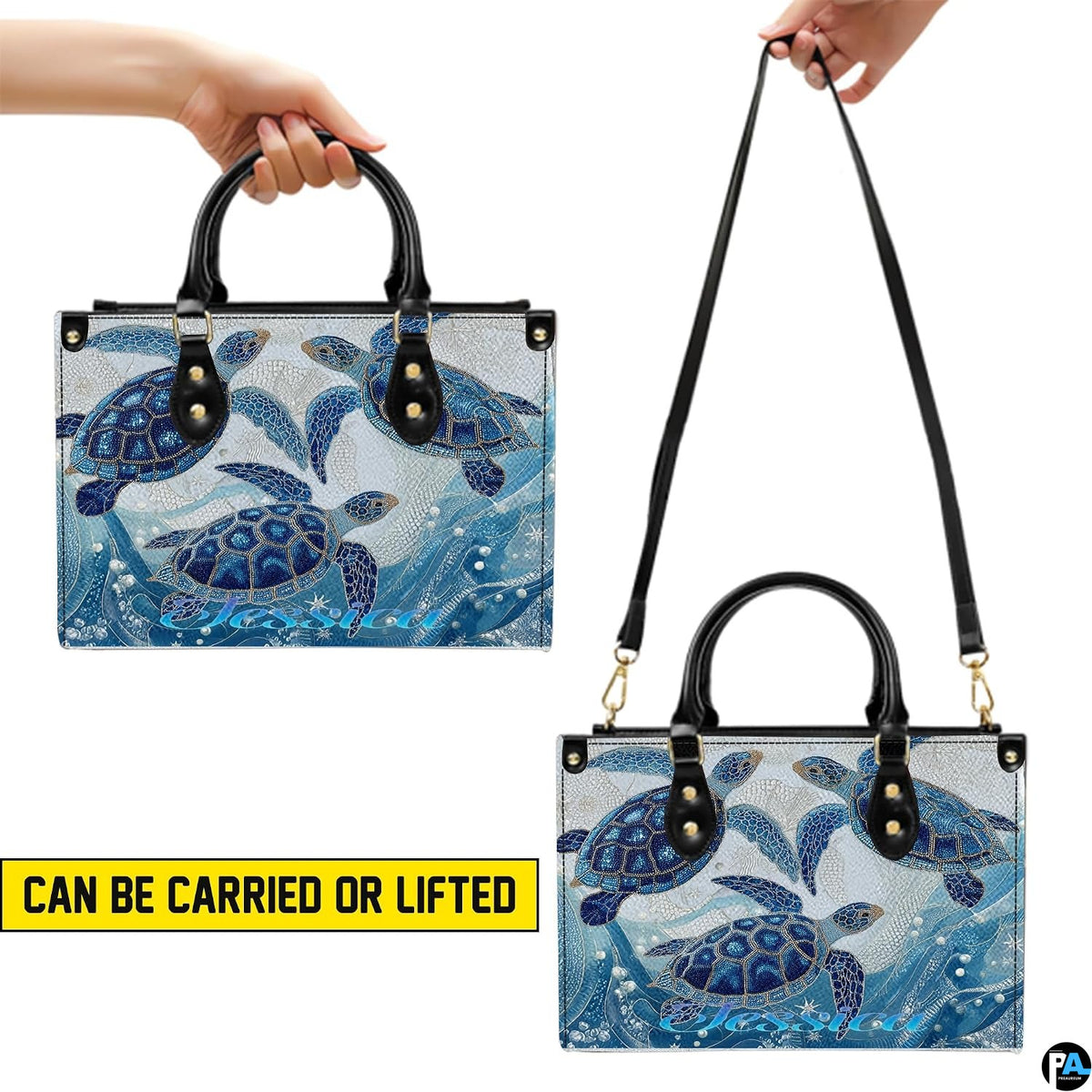 Top-down view displaying interior compartment and handles of the sea turtle handbag.