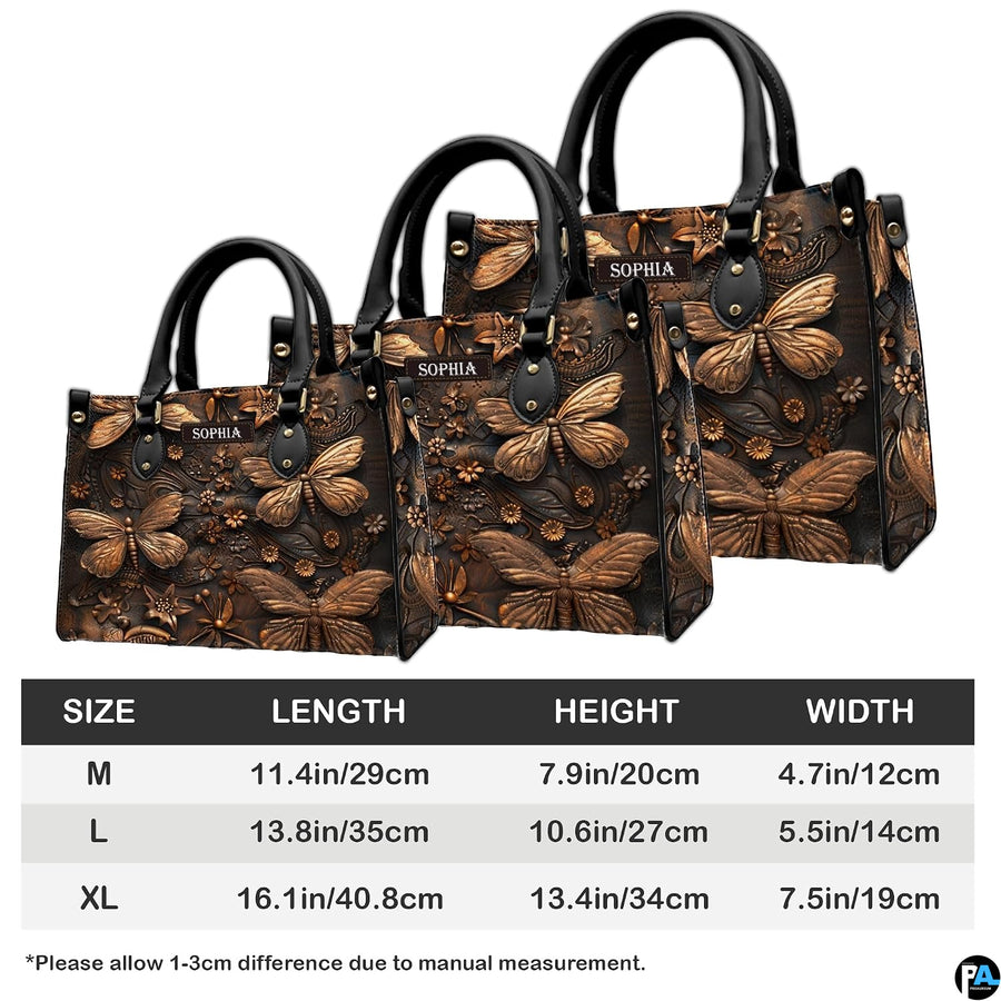 Dimension measurement chart showing medium, large, and extra-large options for the dragonfly handbag.