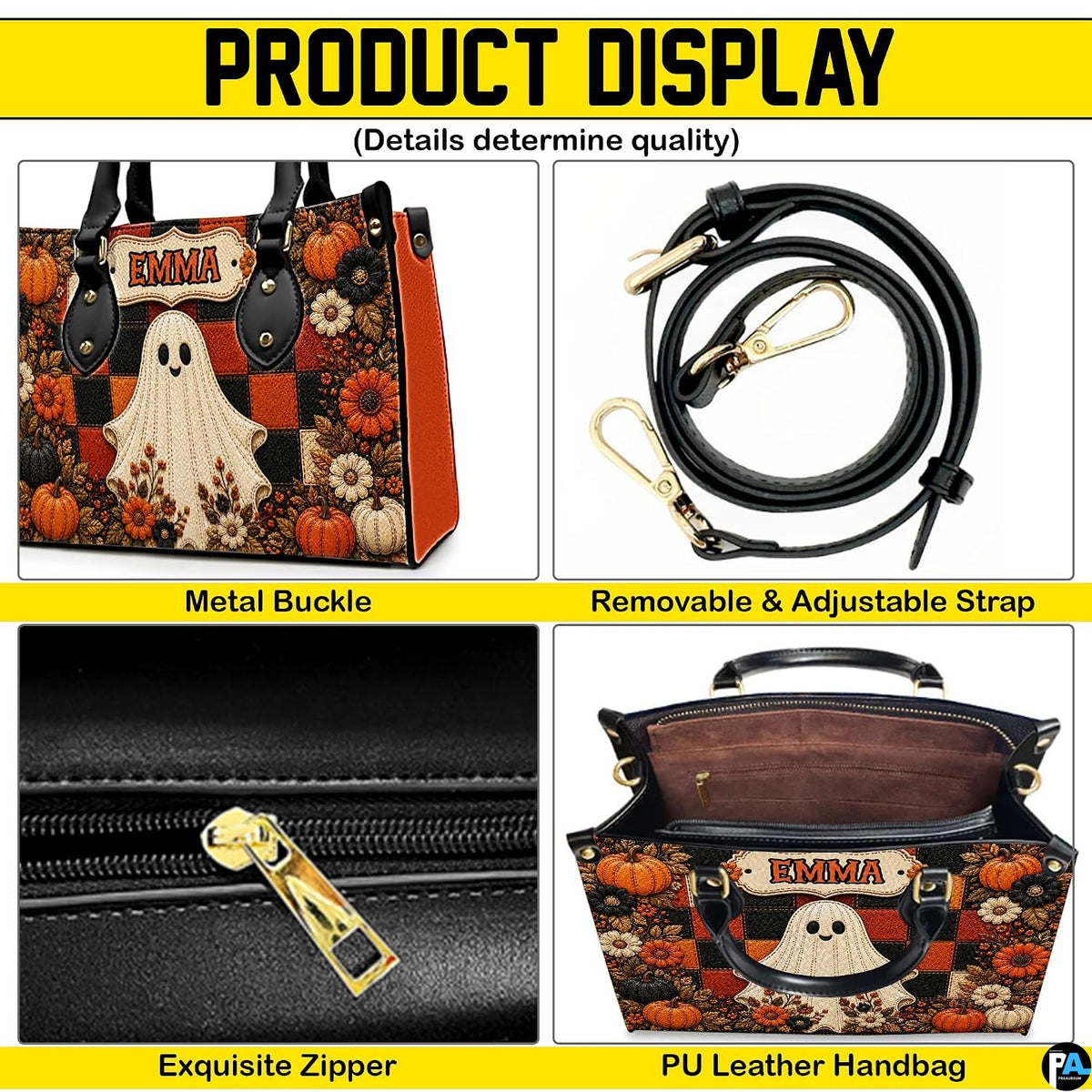 Feature breakdown graphic highlighting metal buckle hardware, adjustable strap, and satchel interior.