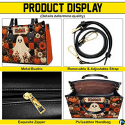 Feature breakdown graphic highlighting metal buckle hardware, adjustable strap, and satchel interior.