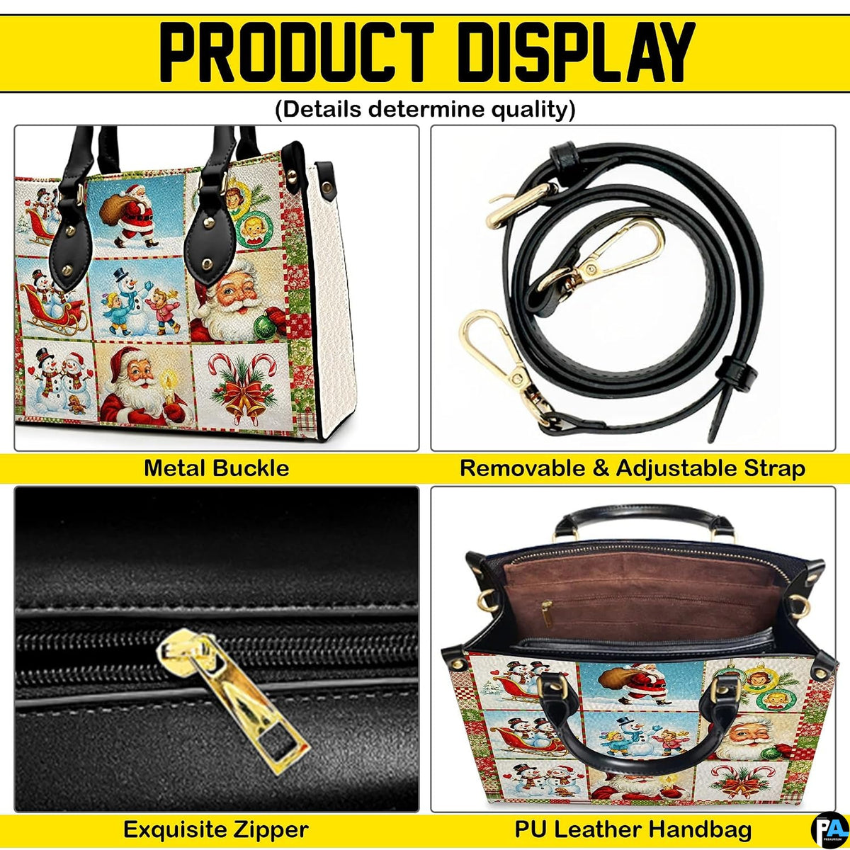 Product details diagram showing buckle hardware, shoulder strap, top zipper, and interior storage pockets