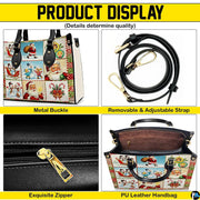 Product details diagram showing buckle hardware, shoulder strap, top zipper, and interior storage pockets