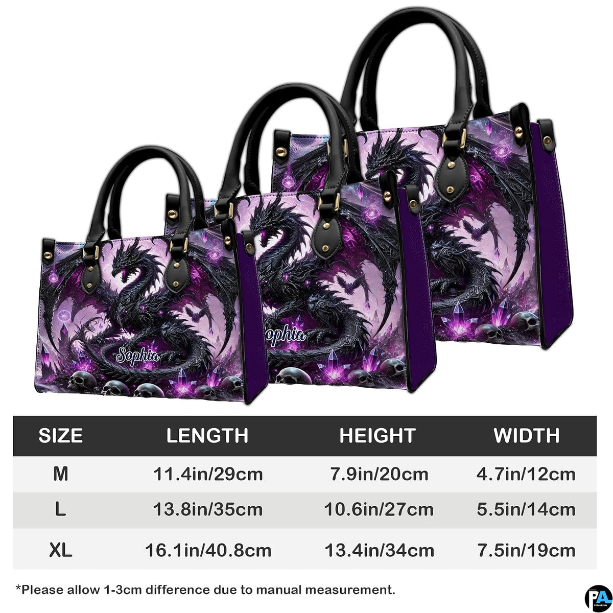 Measurement guide illustration presenting dimensional proportions for three handbag choices.