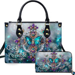 Jeweled butterfly cross handbag and matching wallet set with turquoise and amethyst crystal artwork