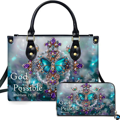 Jeweled butterfly cross handbag and matching wallet set with turquoise and amethyst crystal artwork