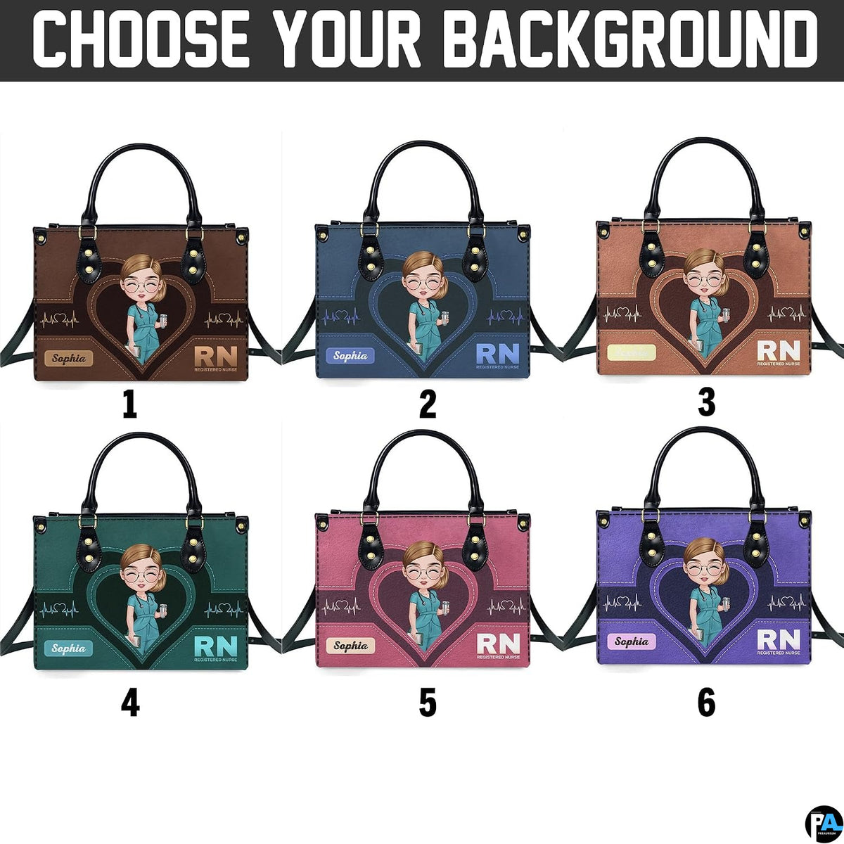 Angled perspective showing nurse design and golden heartbeat graphics on handbag