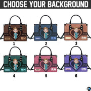 Angled perspective showing nurse design and golden heartbeat graphics on handbag
