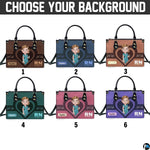 Angled perspective showing nurse design and golden heartbeat graphics on handbag