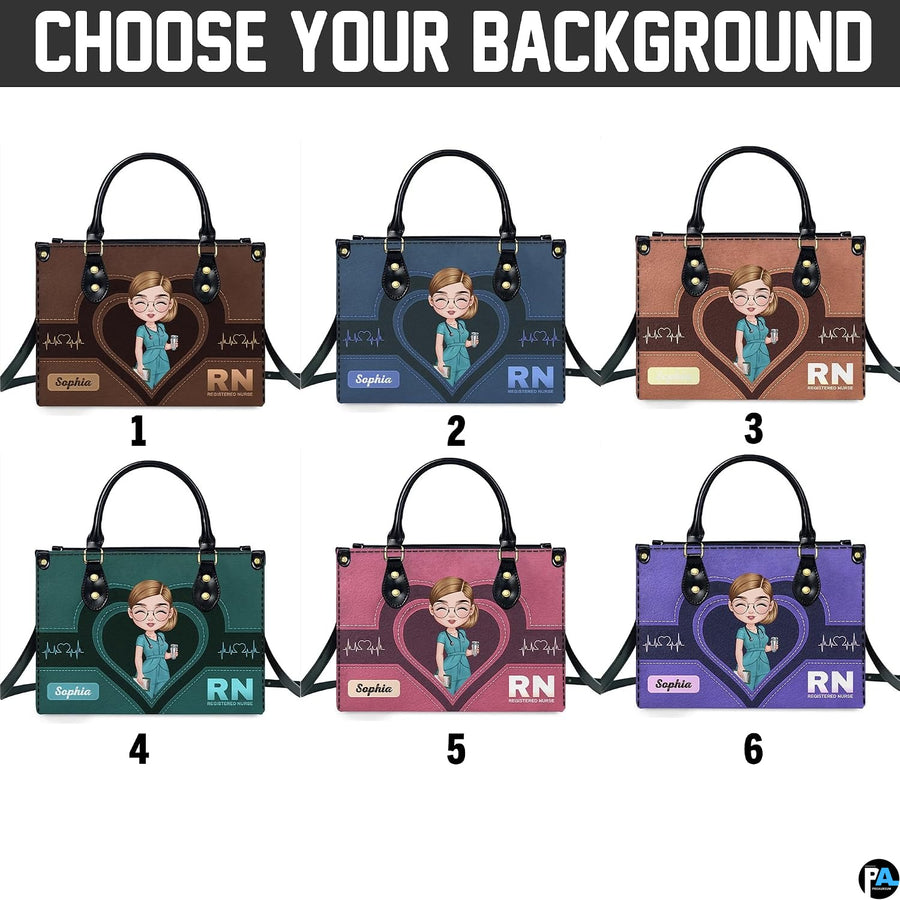 Angled perspective showing nurse design and golden heartbeat graphics on handbag