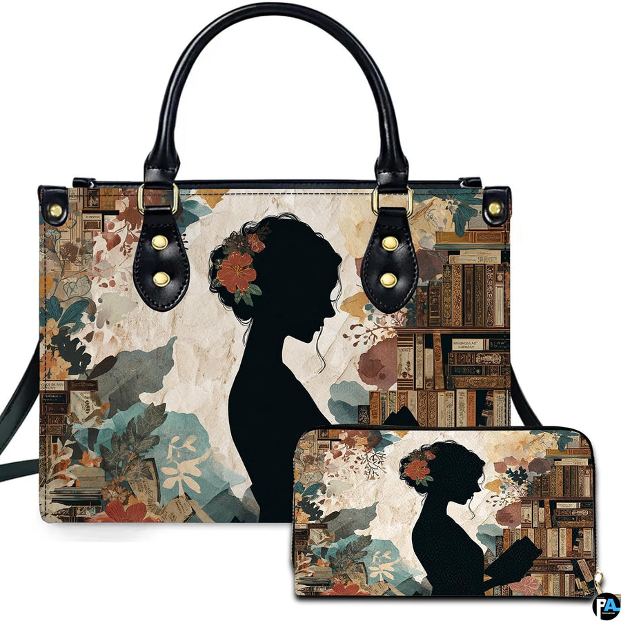 Front view of vintage reading silhouette handbag and matching wallet featuring botanical book collage.