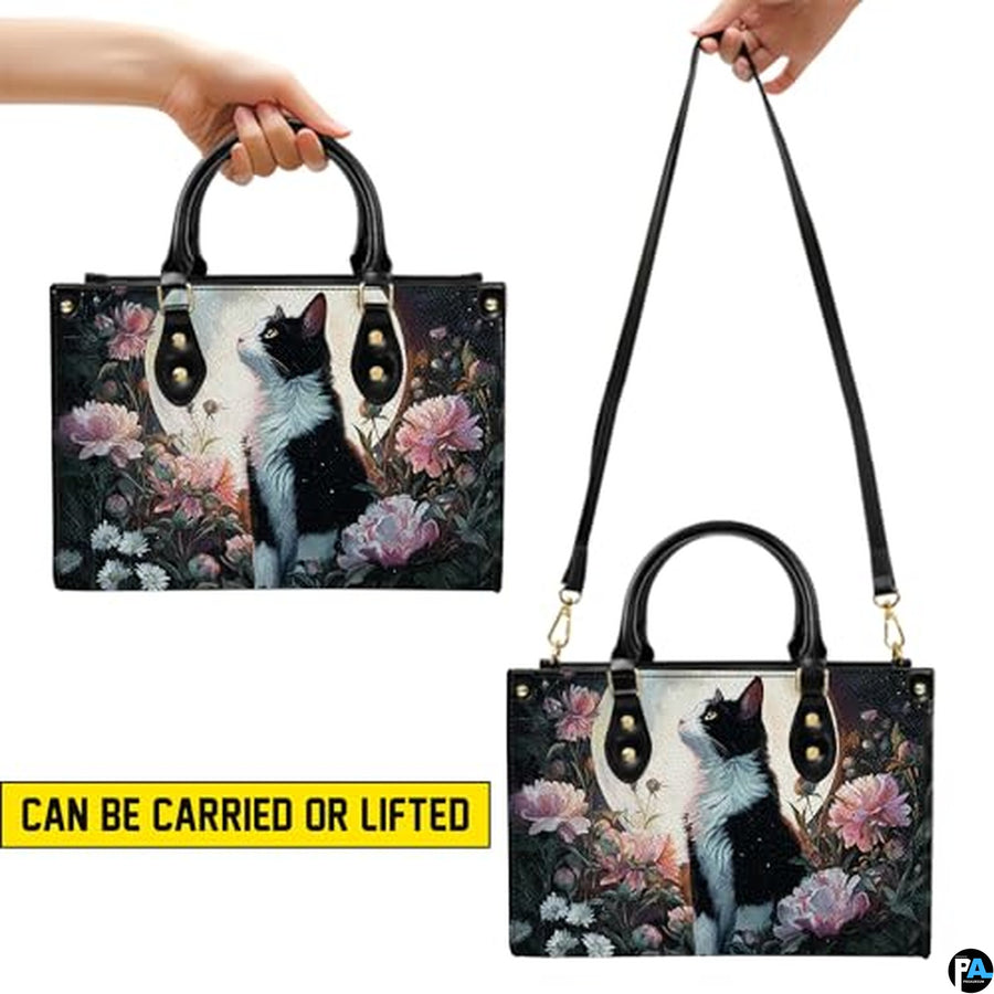 Black Cat Leather Bag – Vintage Cat Art Handbag, Stylish Animal-Themed Purse, Unique Gift for Cat Lovers