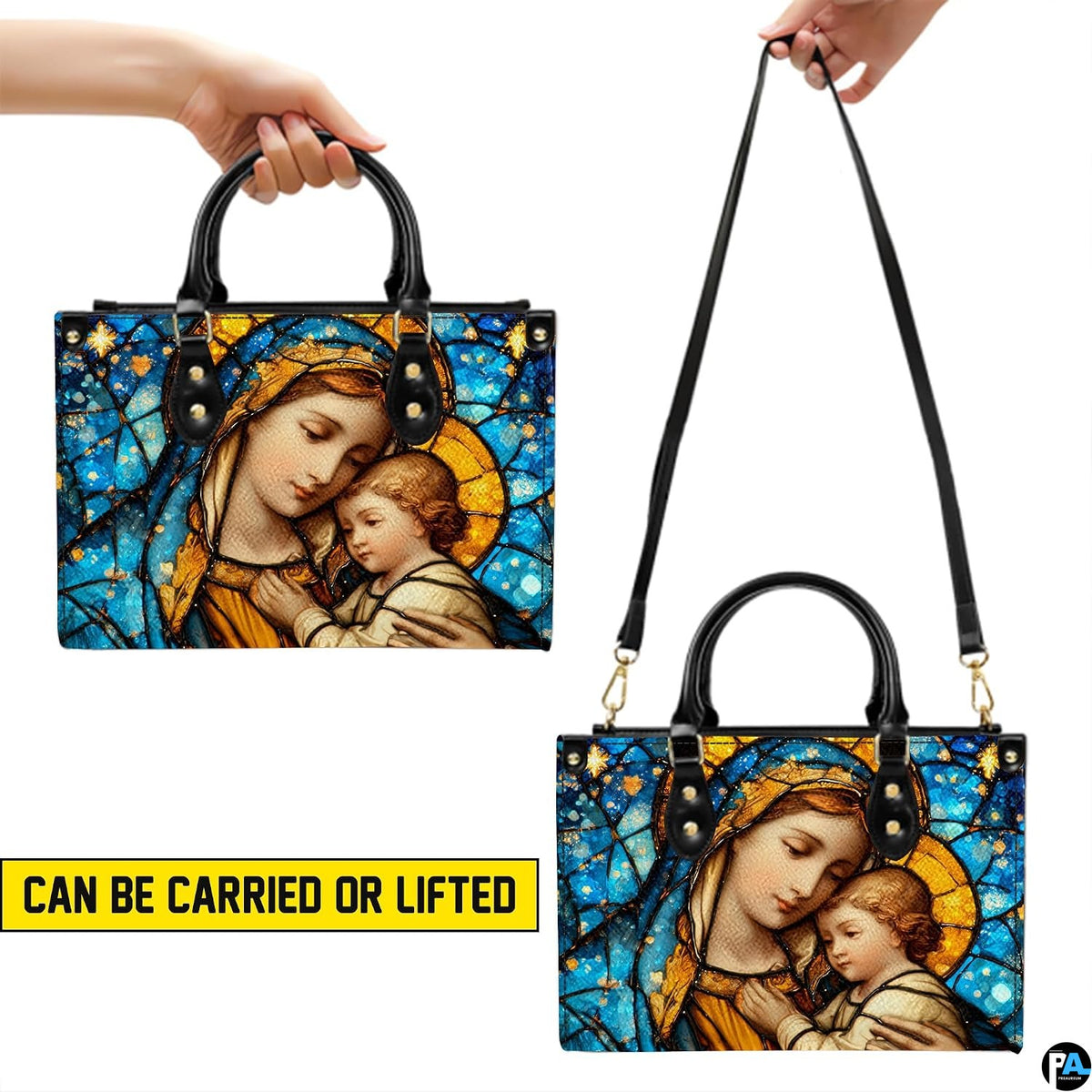 Model wearing stained glass Madonna handbag over shoulder with attached strap.