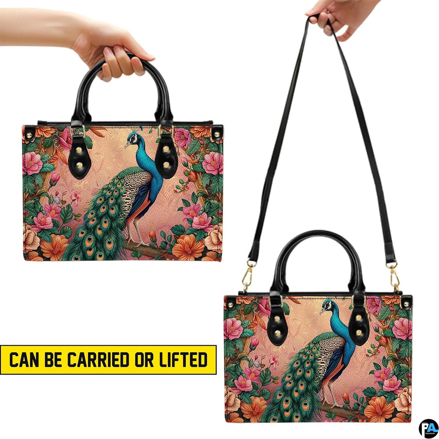 Pink peacock handbag shown in top-handle and shoulder carry styles