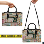 Visual graphic demonstrating dual elevated carrying positions for the antique sewing machine art.
