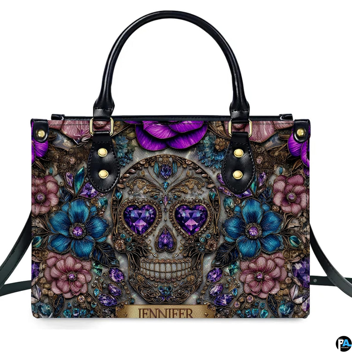 Gothic jeweled baroque skull floral handbag displayed alone on white studio background.