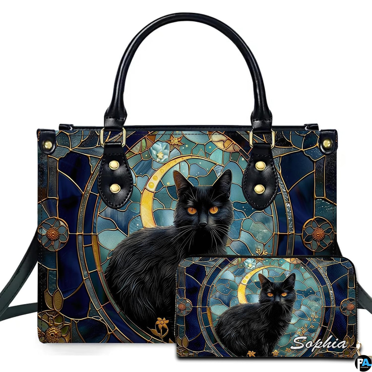 Ebony cat displaying amber eyes inside an ornate circular stained glass medallion beside a golden moon.