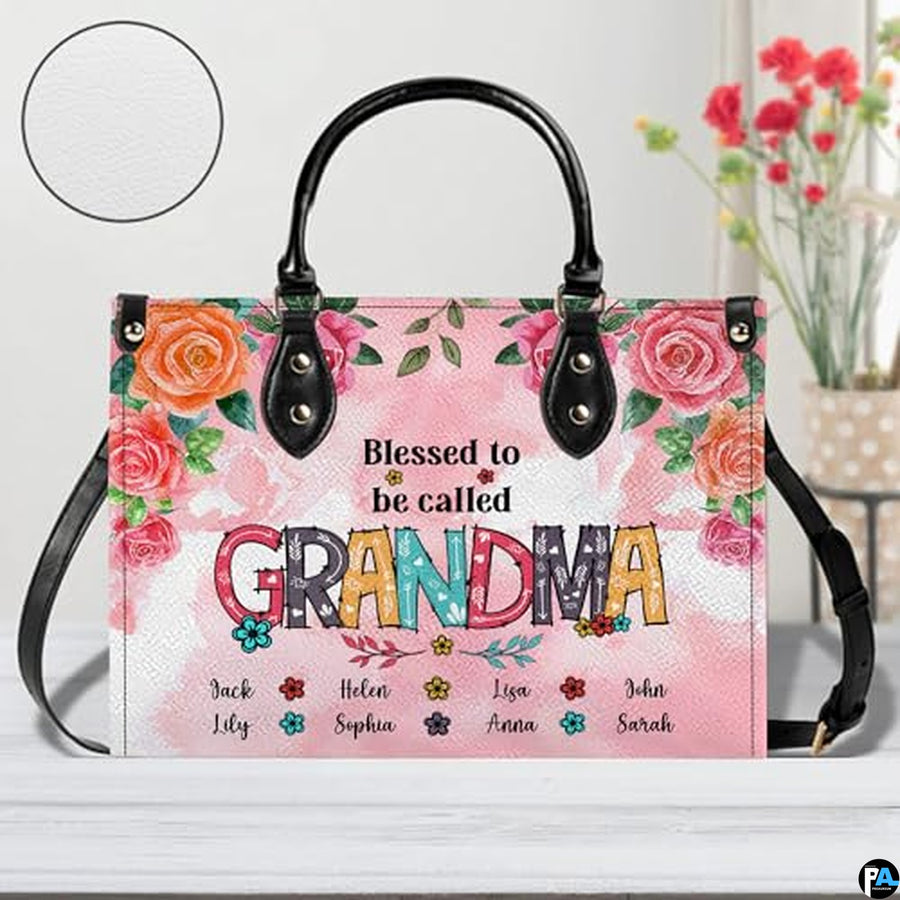 Mothers Day Gift Leather Bag- Personalized Grandmas Purse With Grandkids Names, Grandma Handbag Birthday Gifts For Mom Women
