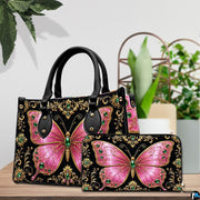Lifestyle tabletop view showing pink jeweled butterfly artwork placed beside decorative indoor house plants.
