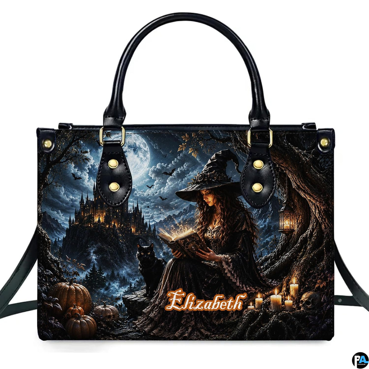 Gothic witch satchel showing seated sorceress reading glowing spellbook with black cat and cliffside castle under full moon.