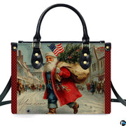 Matching wallet displaying the vintage Santa Claus carrying an evergreen tree with American flag.