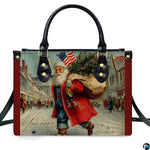 Matching wallet displaying the vintage Santa Claus carrying an evergreen tree with American flag.