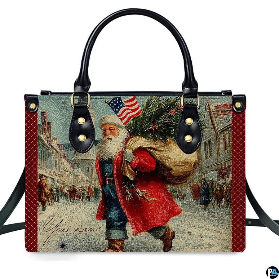 Matching wallet displaying the vintage Santa Claus carrying an evergreen tree with American flag.