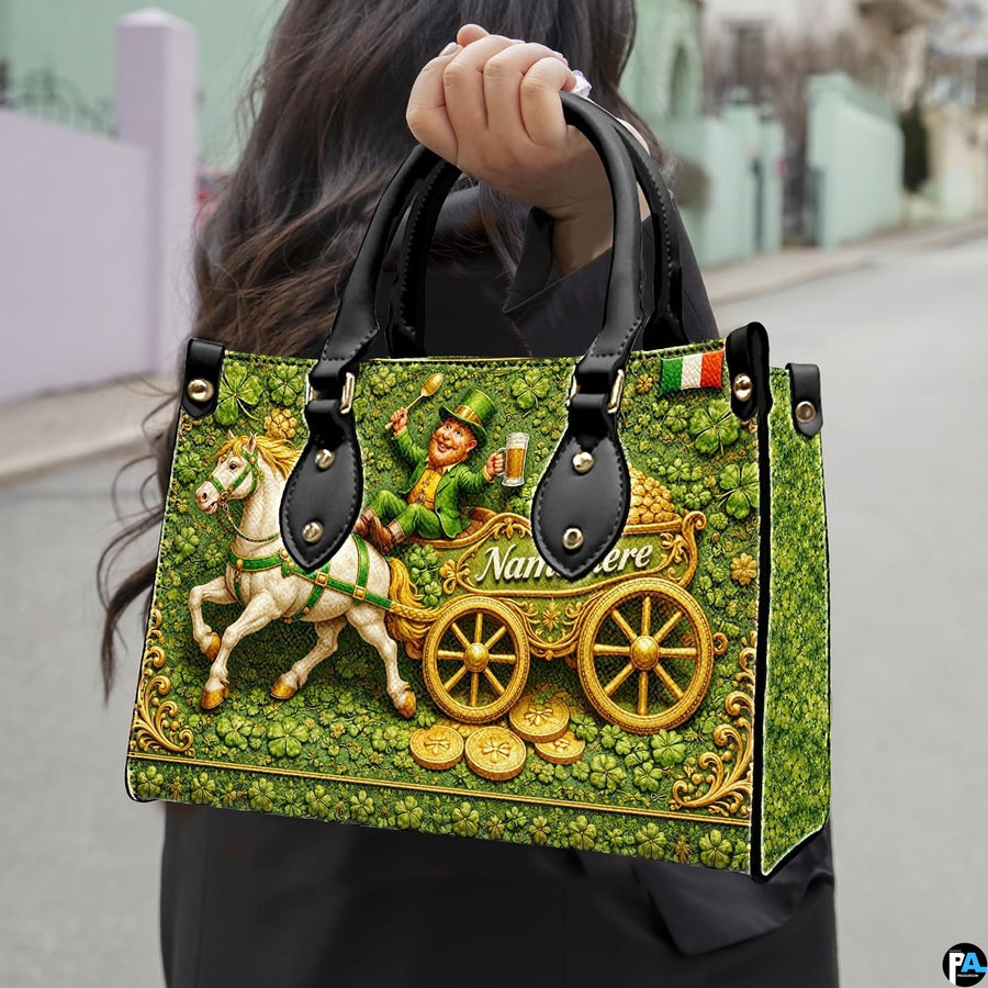 Model carrying leprechaun handbag with white horse artwork