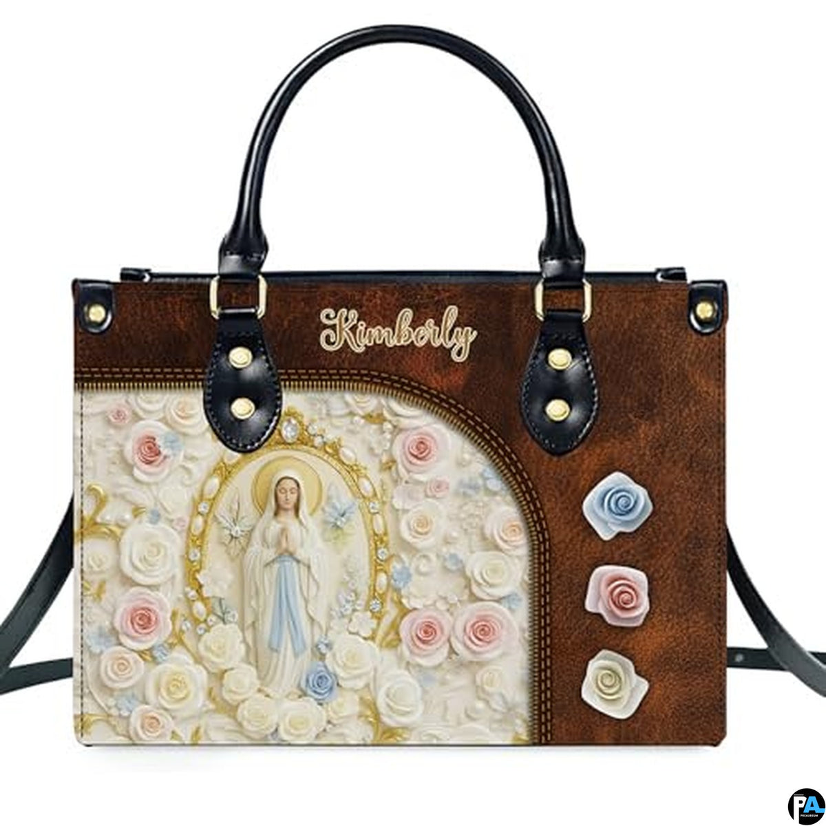 Custom Catholic Virgin Mary Leather Bag, Personalized Name Handbags and Purses for Christian Women Religious Bag Gifts