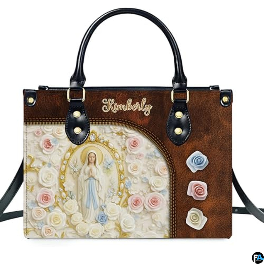 Custom Catholic Virgin Mary Leather Bag, Personalized Name Handbags and Purses for Christian Women Religious Bag Gifts