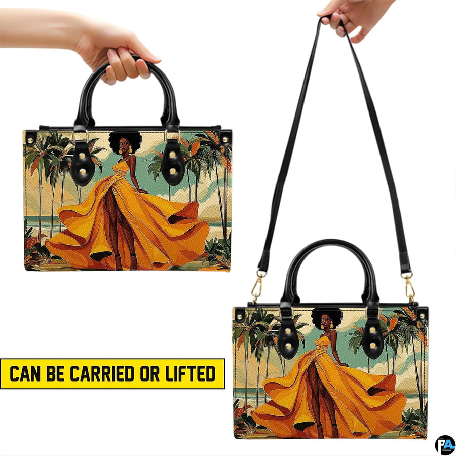 Dual perspective showing the coastal yellow gown artwork in handheld orientation and suspended hanging display.
