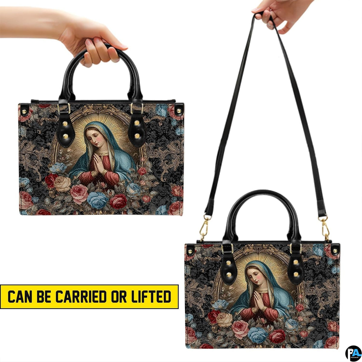 Graphic demonstrating top handle hand carrying and adjustable shoulder strap wear options.