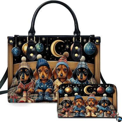 Front view of structured silhouette and matching accessory showcasing four dachshund puppies in beanies tucked in bed.