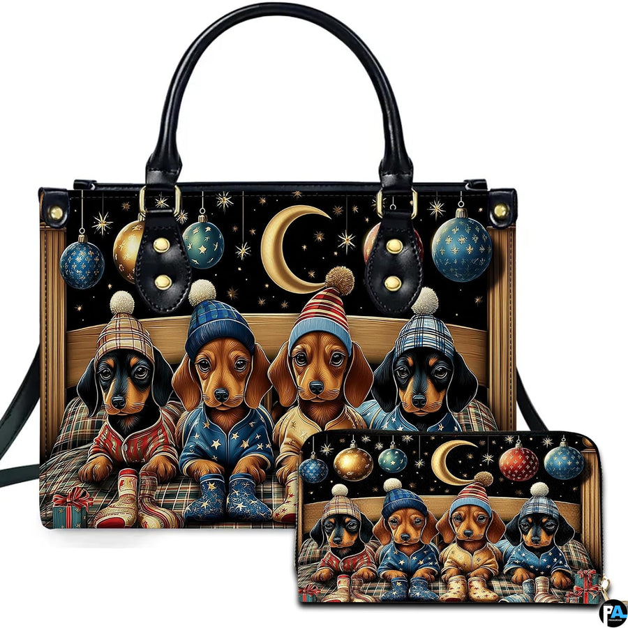 Front view of structured silhouette and matching accessory showcasing four dachshund puppies in beanies tucked in bed.