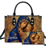 Royal blue robe Madonna and Child artwork on coordinated handbag and wallet set