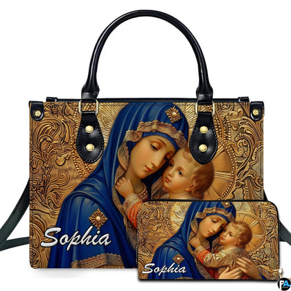 Royal blue robe Madonna and Child artwork on coordinated handbag and wallet set