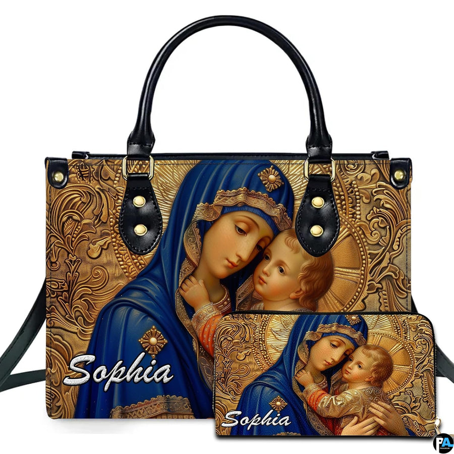 Royal blue robe Madonna and Child artwork on coordinated handbag and wallet set