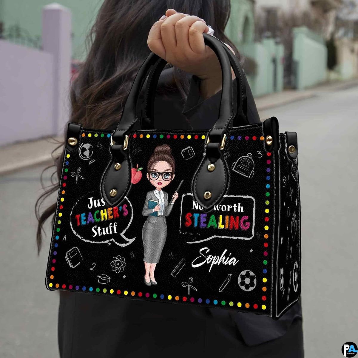 Angled front view displaying the chalkboard illustration panel and black carrying handles.