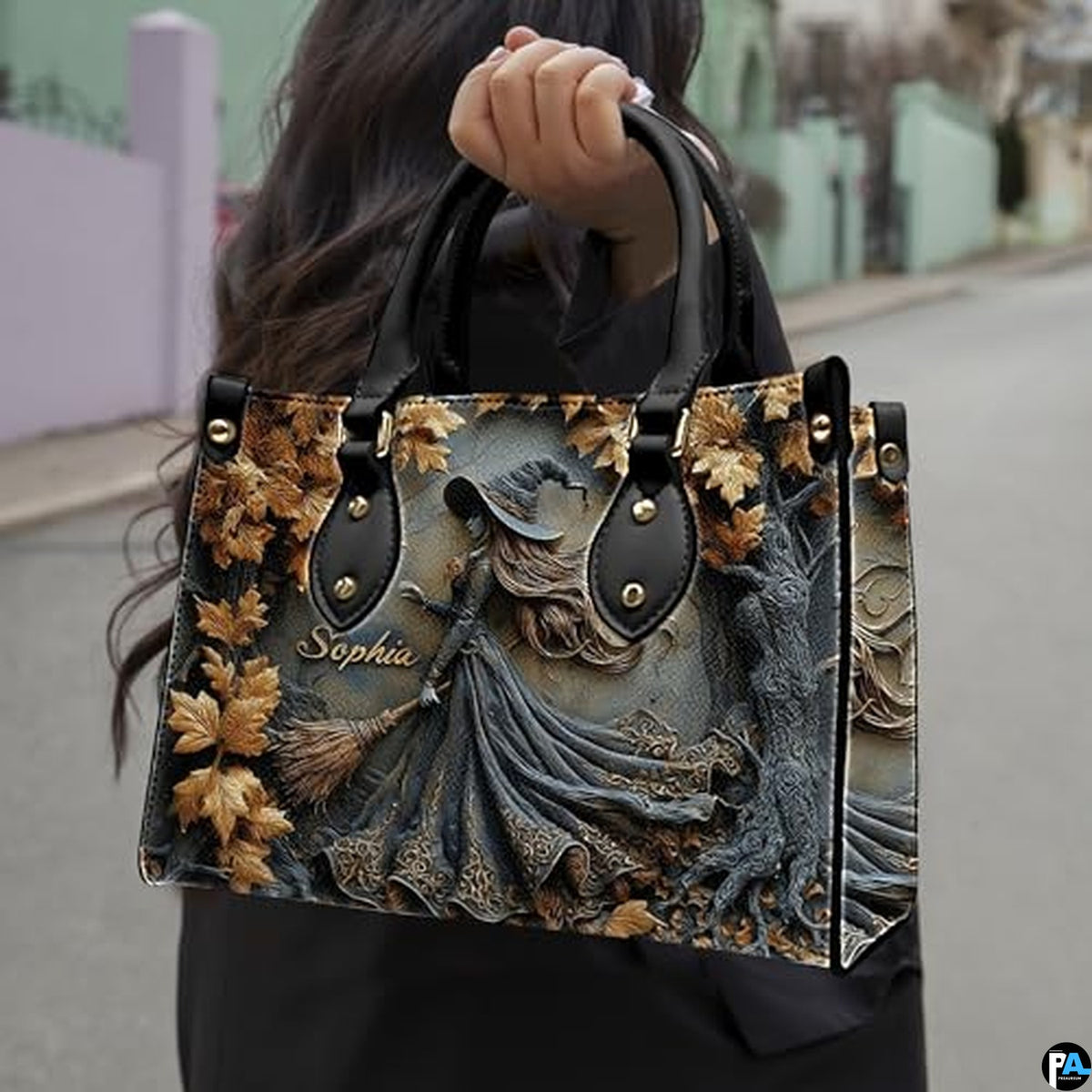 Personalized Halloween Leather Handbag – Custom Witch 3D Printing Effect Purses For Women – Spooky Gothic Shoulder Bag