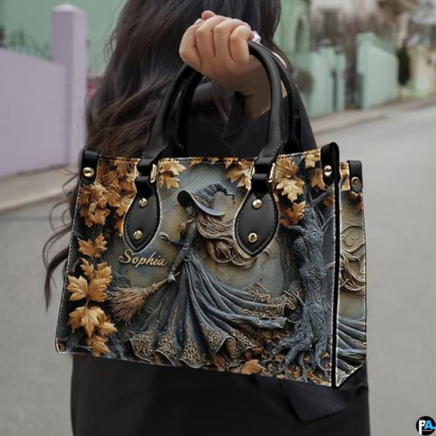 Personalized Halloween Leather Handbag – Custom Witch 3D Printing Effect Purses For Women – Spooky Gothic Shoulder Bag