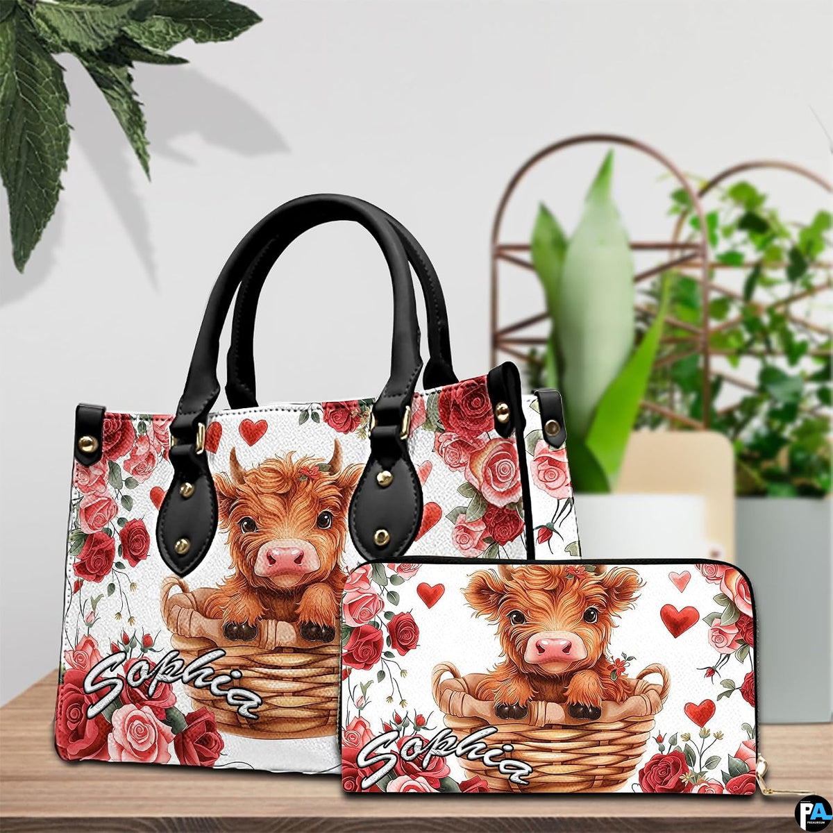 Tabletop decor setting displaying both coordinating items with the basket cow and rose graphic print.