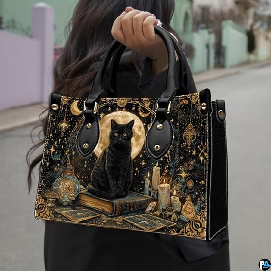 Black Cat Leather Bag – Vintage Cat Art Handbag, Stylish Animal-Themed Purse, Unique Gift for Cat Lovers