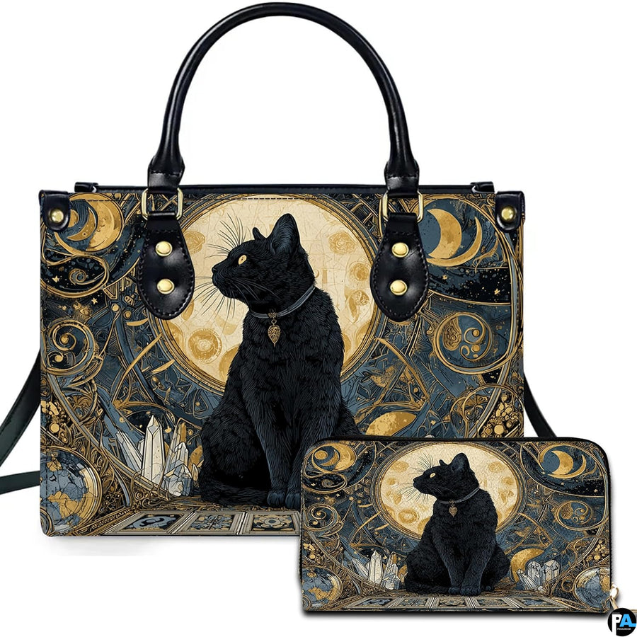Front studio showcase of art nouveau cat art displaying a majestic black feline and celestial golden filigree.