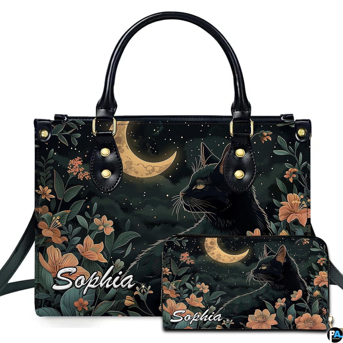 Black cat profile looking toward a golden crescent moon amid peach floral blooms.