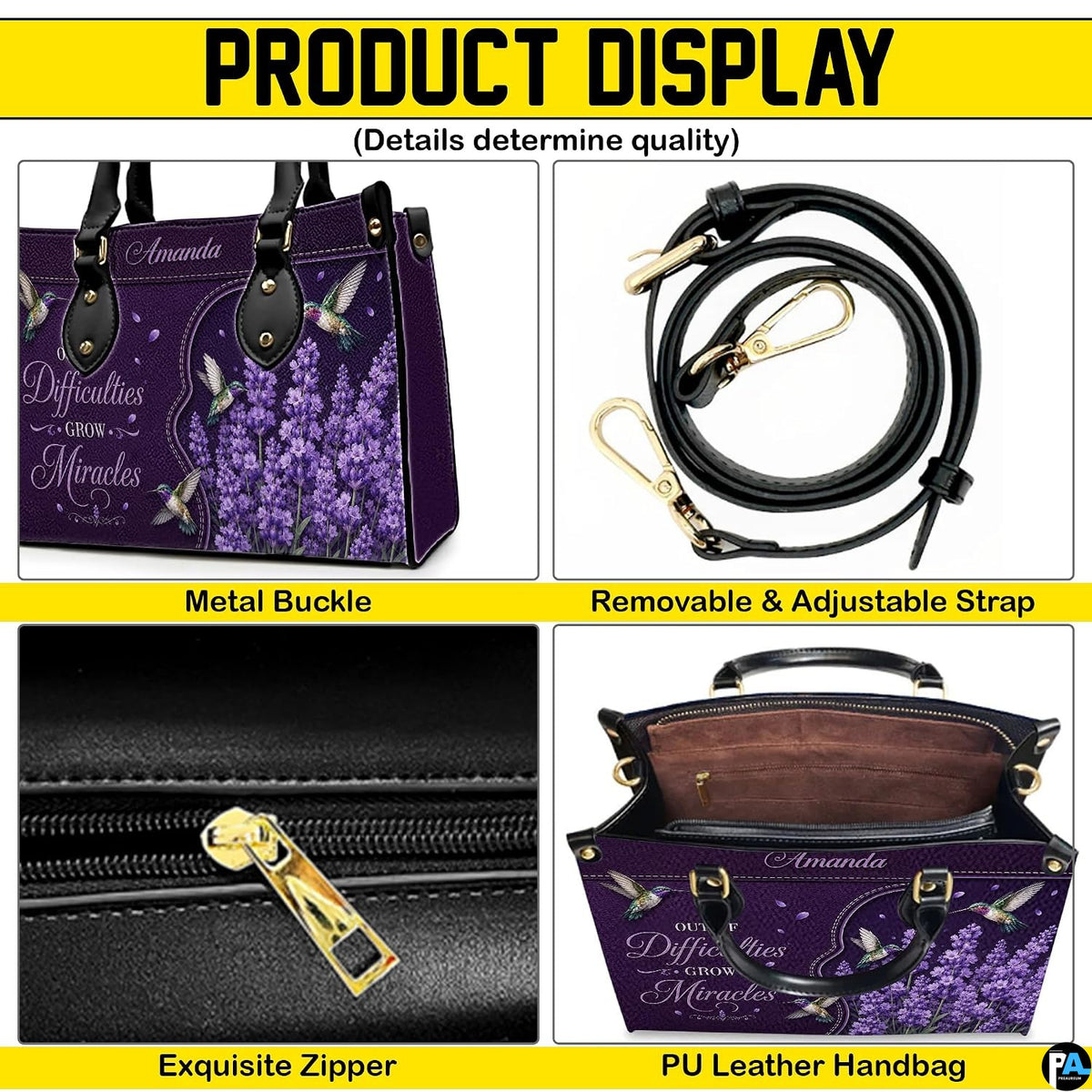Back view of deep purple textured graphic handbag