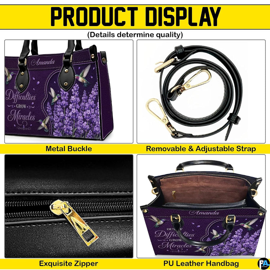 Back view of deep purple textured graphic handbag