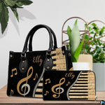 Pair showcase featuring musical melody artwork placed on wooden counter beside indoor greenery.